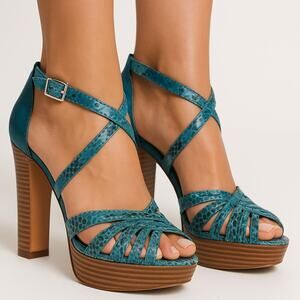White House Black Market Emilia Teal Snakeskin Platform Sandals Women's Size 10M